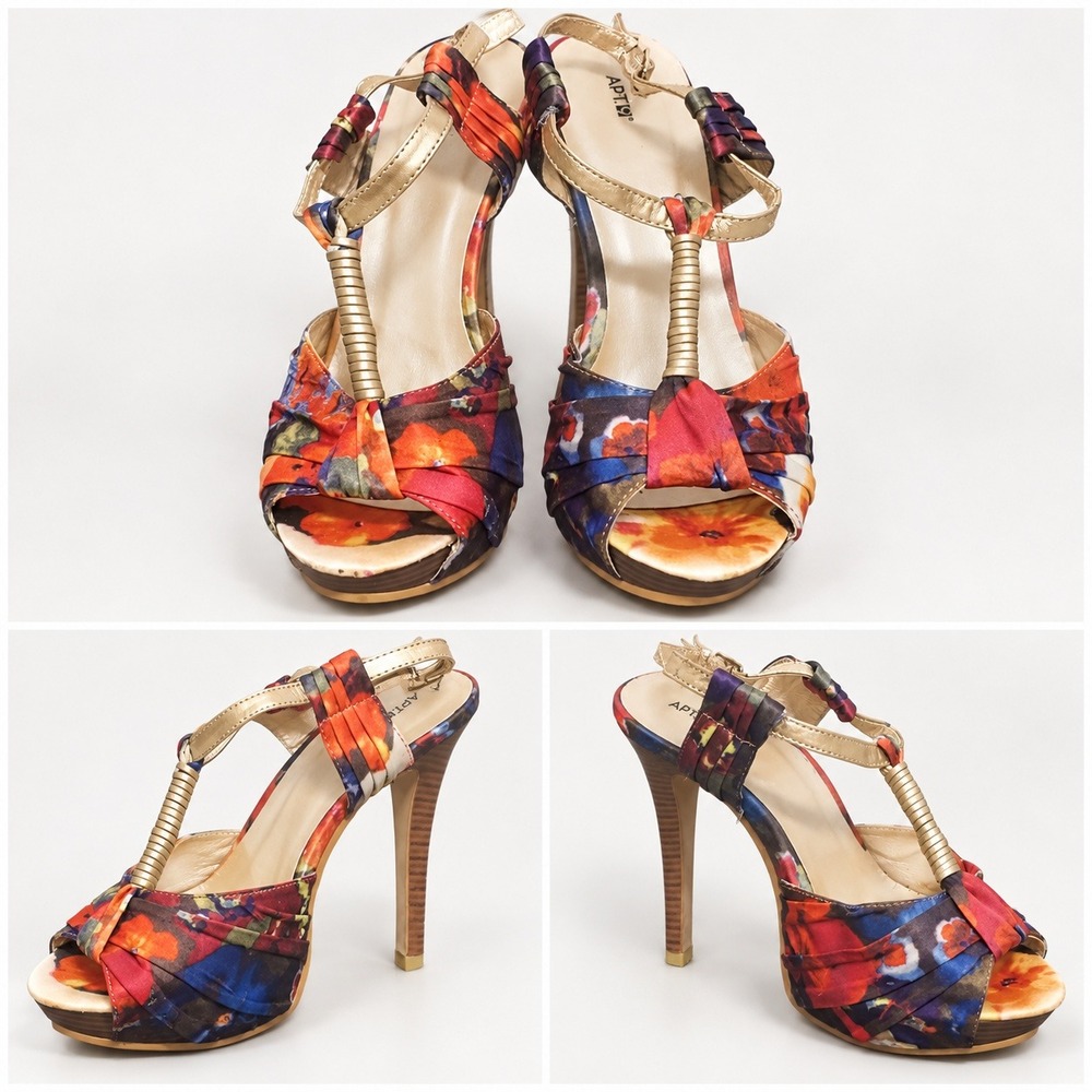 Apt. 9 Womens Floral Platform Stiletto Sandals Gold T-Strap Size 9 PMANDAPRINT